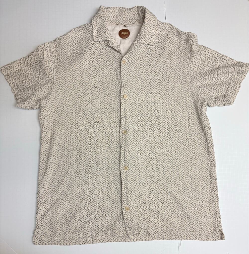 Common People Menโs XL Cotton Linen Shirt Geometric Short Sleeve Button Up